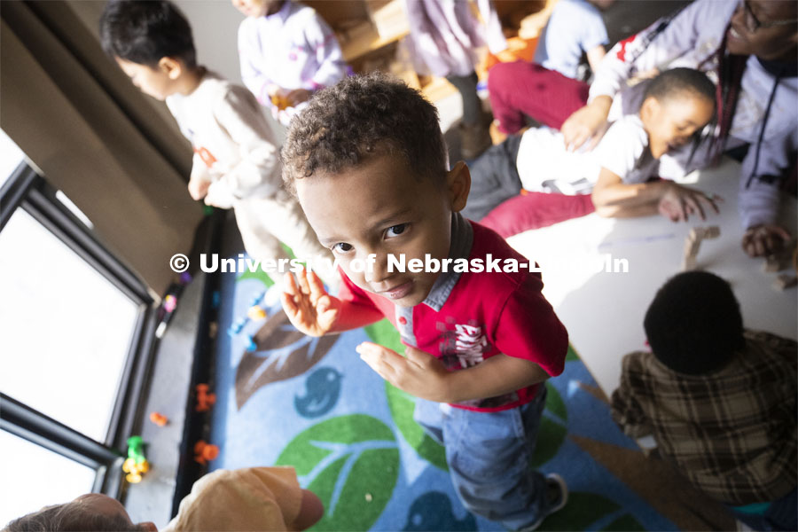 Ruth Staples Child Development Lab student teachers and children work with children at the Malone Center. Febrary 28, 2019. Photo by Craig Chandler / University Communication