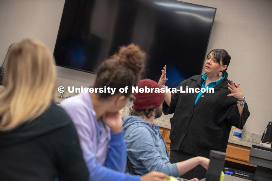 Colette Yellow Robe teaches an interpersonal skills and leadership class through the Department of Agricultural Leadership, Education and Communication at the University of Nebraska-Lincoln. Colette is the assistant Director for Non-Cognitive Learning/ Leadership. Students pictured left to right; Kaylee Putler, Mashaya Dieking and Peyton Flowers in the foreground. March 5, 2019, Photo by Gregory Nathan / University Communication.