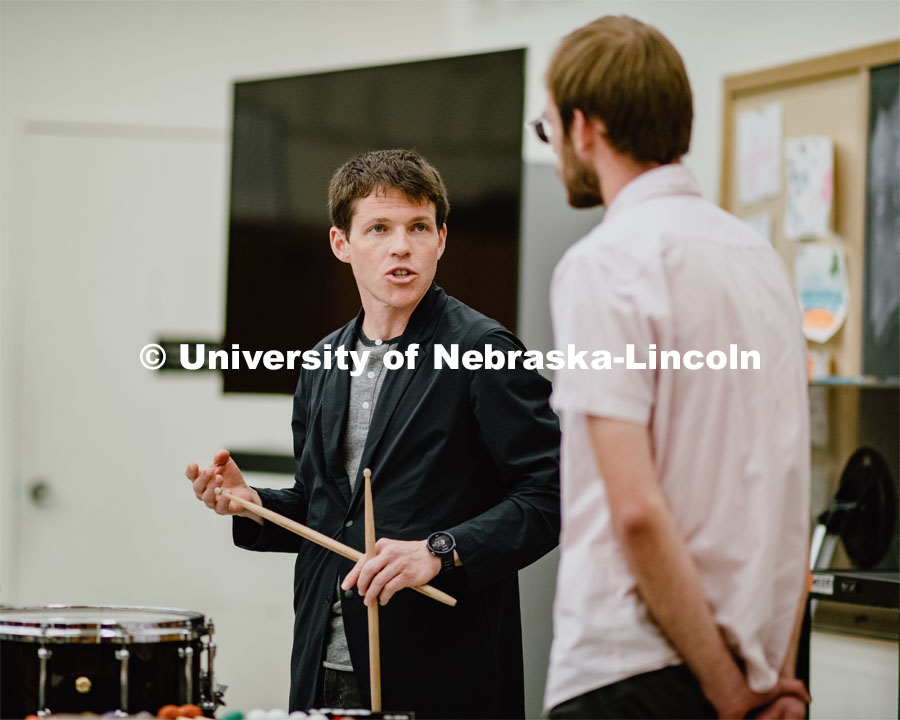Jake Nissly, Principal Percussionist of the San Francisco Symphony Teaching a masterclass as student Connor Viets stands near by. San Francisco Symphony Master Class. March 28, 2019. Photo by Justin Mohling / University Communication.