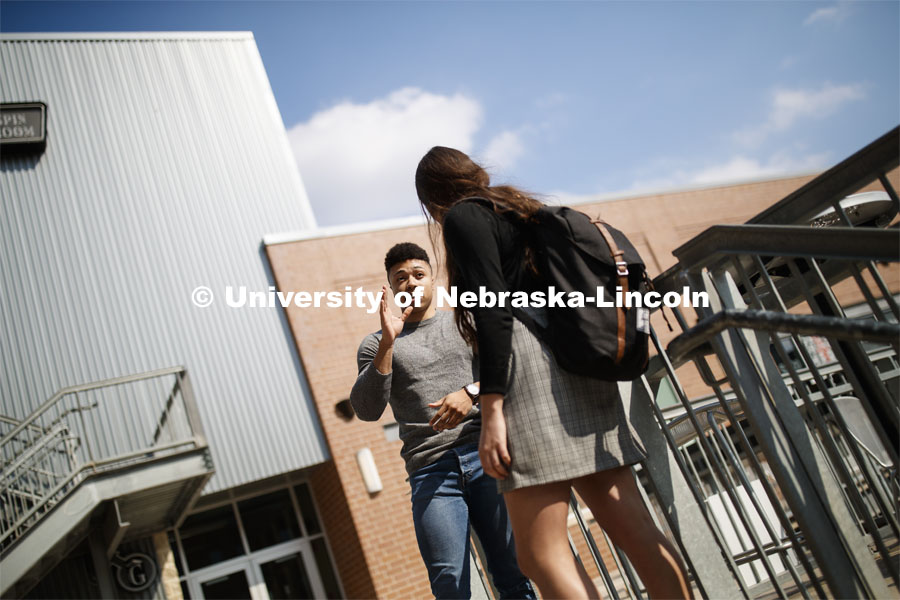 Law students hanging out in the Railyard. College of Law photo shoot in Haymarket. April 4, 2019. Photo by Craig Chandler / University Communication.