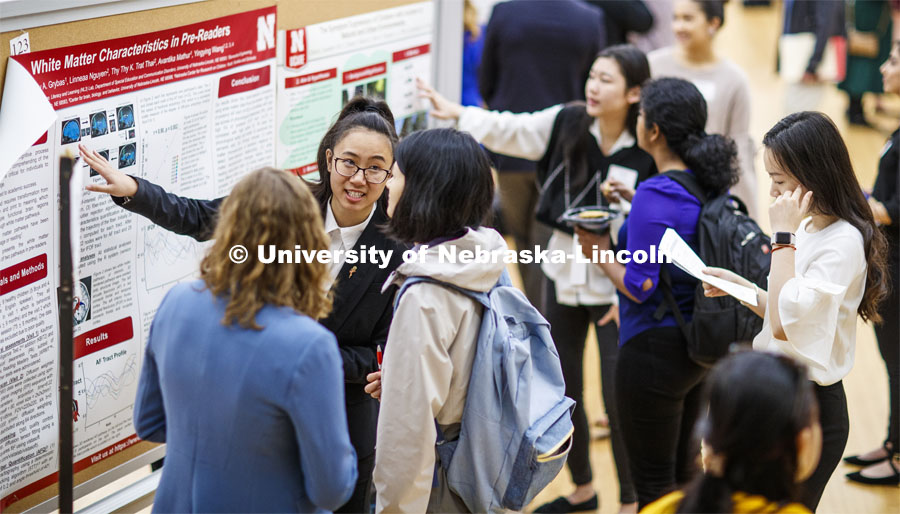 Linneaa Nguyen presents her poster. Undergraduate Spring Research Fair in the Union ballrooms. April 15, 2019. Photo by Craig Chandler / University Communication.