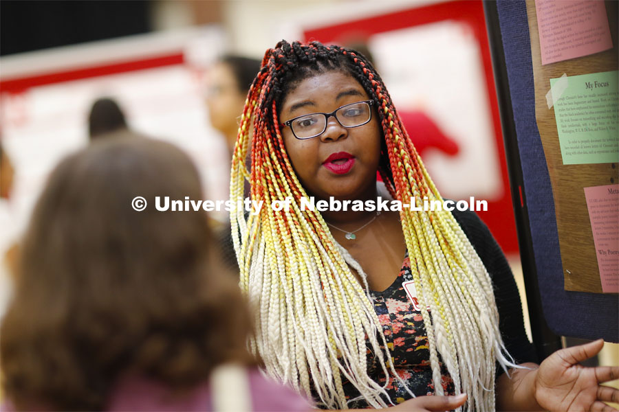 Bianca Swift talks about her research. Undergraduate Spring Research Fair in the Union ballrooms. April 15, 2019. Photo by Craig Chandler / University Communication.