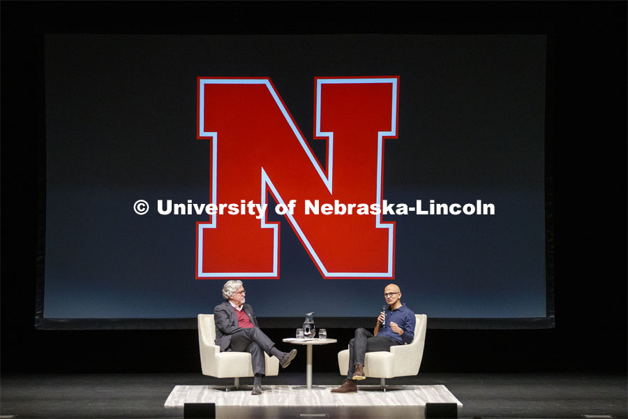 Jeff Raikes, co-founder of the Raikes Foundation, and Satya Nadella, the CEO of Microsoft Corporation, in a conversation on the Lied Center stage. He spoke with students at the Raikes School before and after his conversation on the Lied Center stage. April 18, 2019. Photo by Craig Chandler / University Communication.