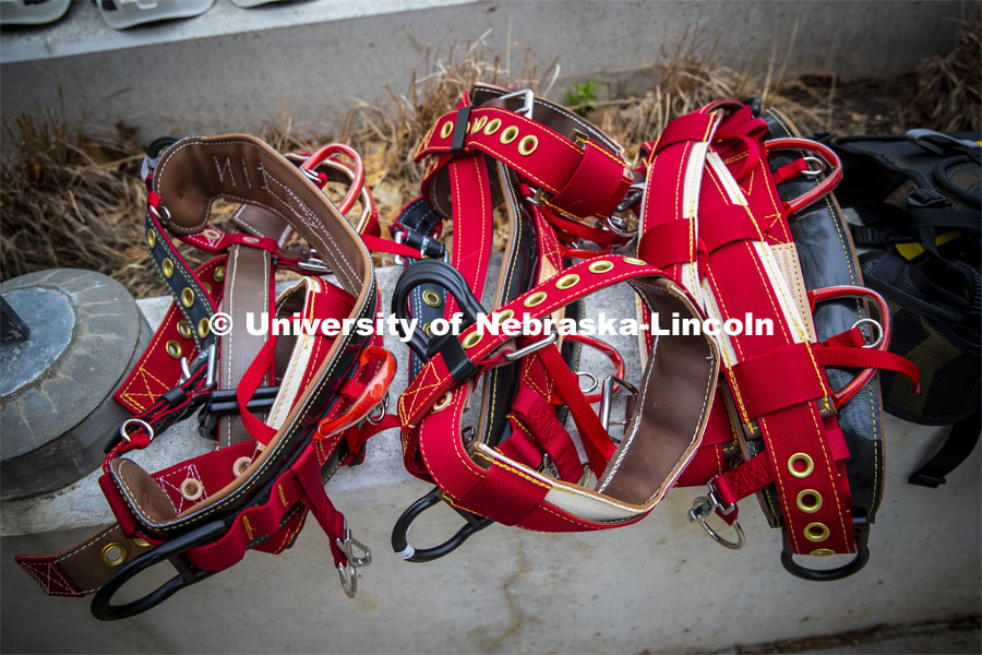 Students in Eric North's NRES 321 - Arboriculture: Maintenance and Selection of Landscape Trees learn to climb on an oak tree behind Hardin Hall Monday afternoon. Pictured; climbing gear. April 22, 2019. Photo by Craig Chandler / University Communication.