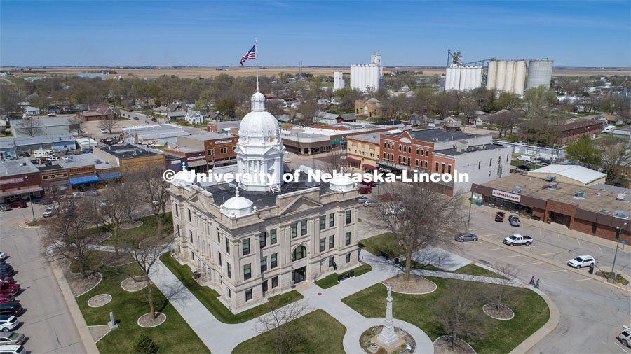 Aerial view of the Kearney County courthouse and Minden, NE, downtown. April 23, 2019. Photo by Craig Chandler / University Communication.