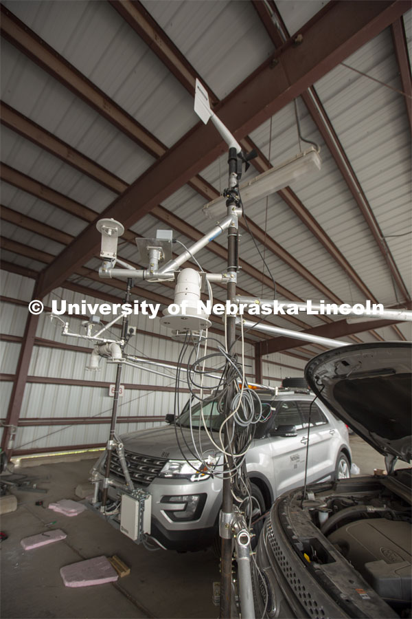 The instrument cluster mounted on the front of Nebraska storm chase vehicles include devices that record data on wind vectors, air temperature, humidity and air pressure. All data collected is stored on hard drives within the vehicles and saved for study at a later date. April 26, 2019. Photo by Troy Fedderson / University Communication