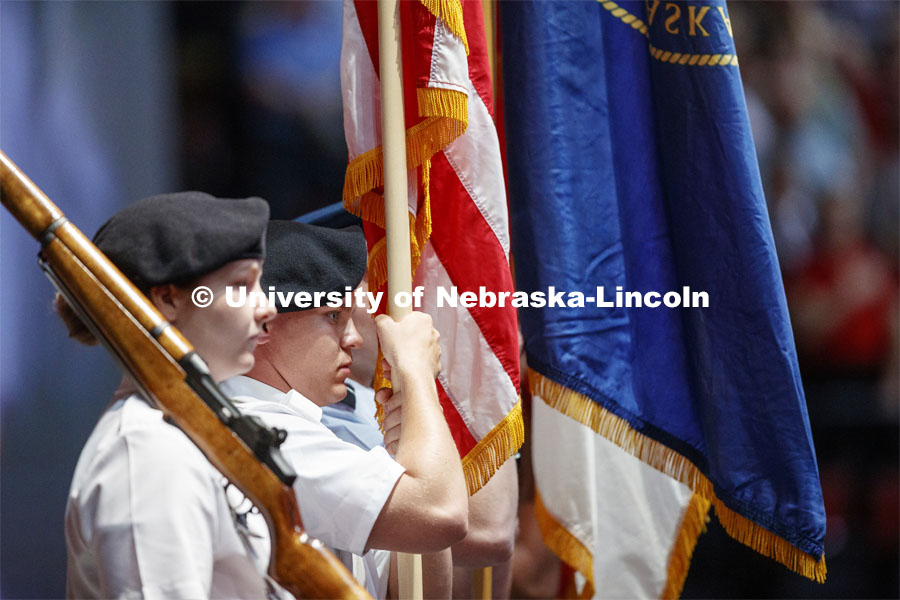 The color guard of the combined ROTC units. Undergraduate commencement at Pinnacle Bank Arena, May 4, 2019. Photo by Craig Chandler / University Communication.