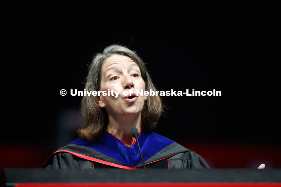 Rebecca Richards-Kortum, commencement speaker. Undergraduate commencement at Pinnacle Bank Arena, May 4, 2019.  Photo by Craig Chandler / University Communication.