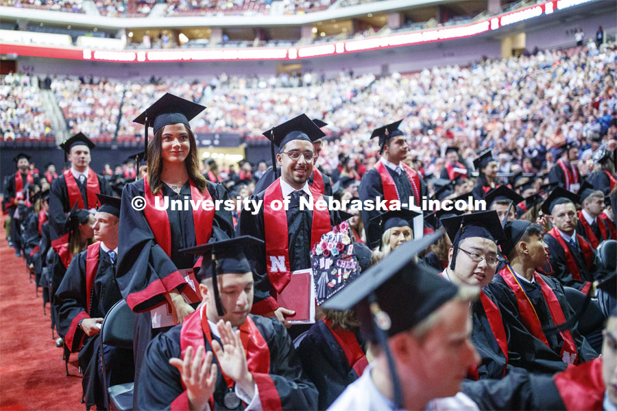First Generation college graduates stand so they could be recognized at the end of the ceremony. Undergraduate commencement at Pinnacle Bank Arena, May 4, 2019. Photo by Craig Chandler / University Communication.