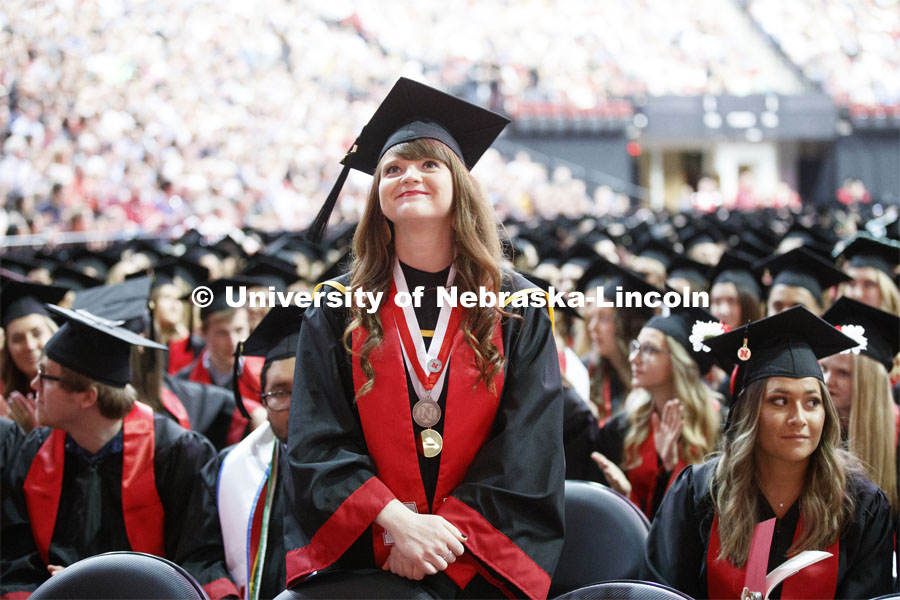 Chancellor Scholars were asked to stand and be recognized at the beginning of the ceremony. Undergraduate commencement at Pinnacle Bank Arena, May 4, 2019.  Photo by Craig Chandler / University Communication.
