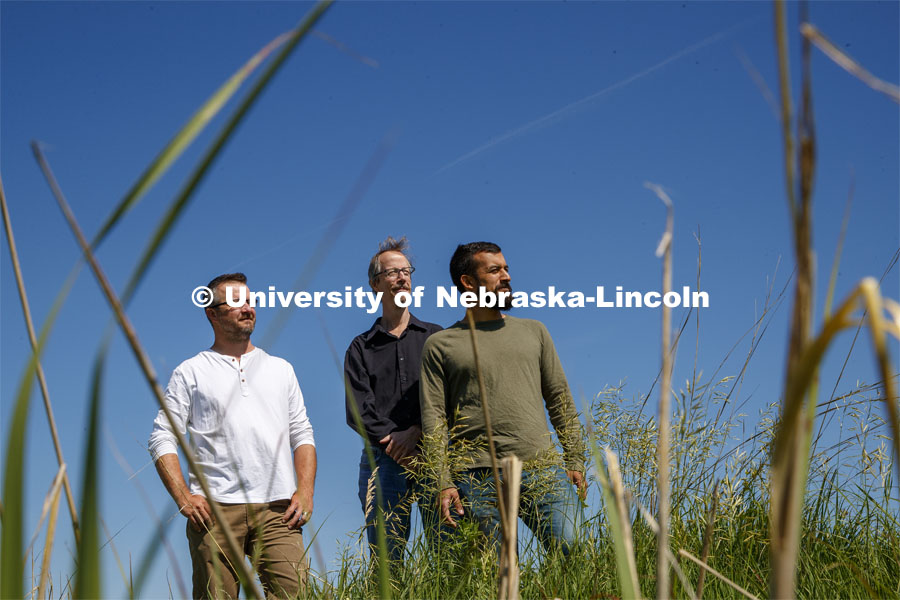 University of Nebraska-Lincoln researchers (green shirt) Caleb Roberts, (black shirt) Craig Allen and (white shirt) Dirac Twidwell have found evidence that multiple ecosystems in the U.S. Great Plains have moved substantially northward during the past 50 years due to warmer climates. June 13, 2019. Photo by Craig Chandler / University Communication.