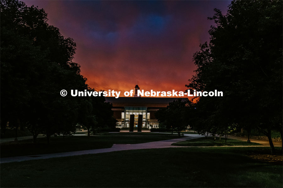 North side of Love Library with sunrise in the background. July 10, 2019. Photo by Justin Mohling / University Communication.