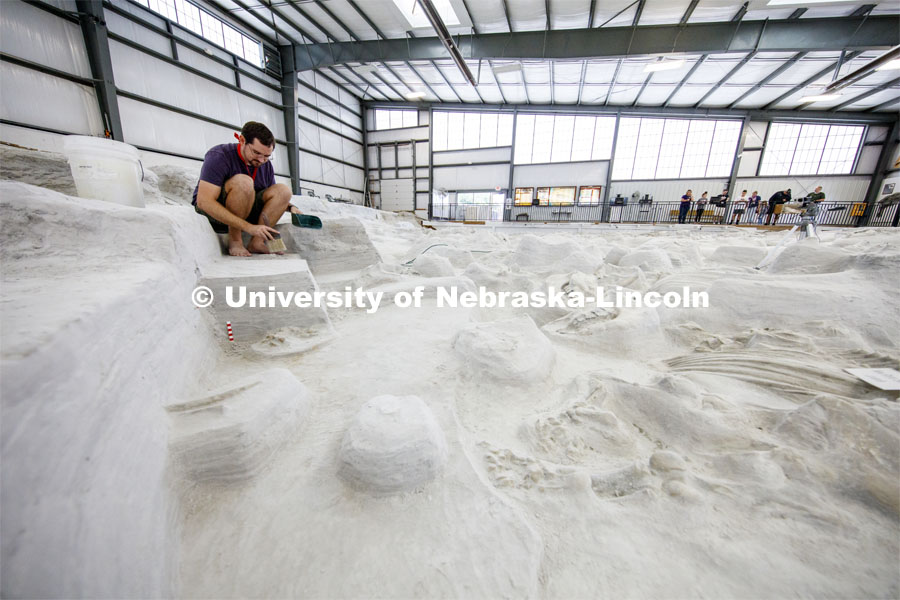 Raymond Dierdorf, an intern at the park, removes layers of ash over a rhino skull. Ashfall Fossil Beds State Historical Park in north central Nebraska. August 2, 2019. Photo by Craig Chandler / University Communication.