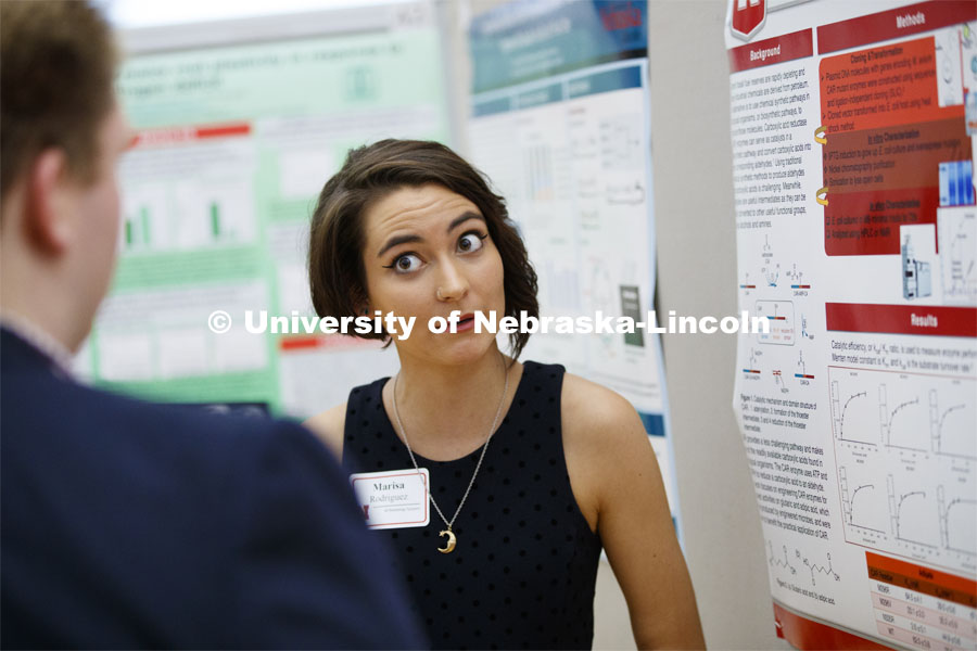 Marisa Rodriguez of Auburn University, discusses her summer research on engineering carboxylate reductases for activity on dicarboxylates. Summer Research poster session in the Nebraska Union. August 7, 2019. Photo by Craig Chandler / University Communication