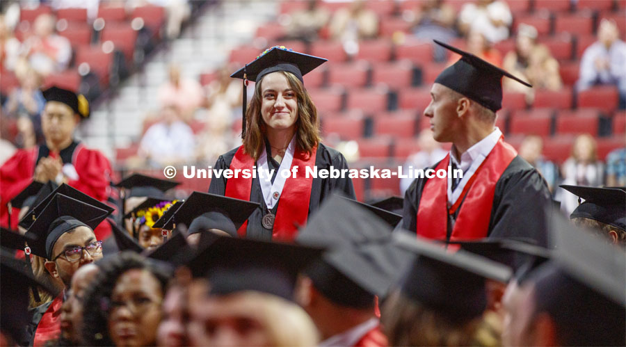 Chancellor's Scholars Amanda Kowalewski and Jordan Redler stand as they are honored during the ceremony. 2019 Summer Commencement at Pinnacle Bank Arena. August 17, 2019. Photo by Craig Chandler / University Communication.