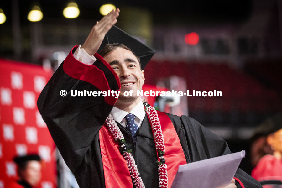 Zach Picker celebrates his business degree. 2019 Summer Commencement at Pinnacle Bank Arena. August 17, 2019. Photo by Craig Chandler / University Communication.