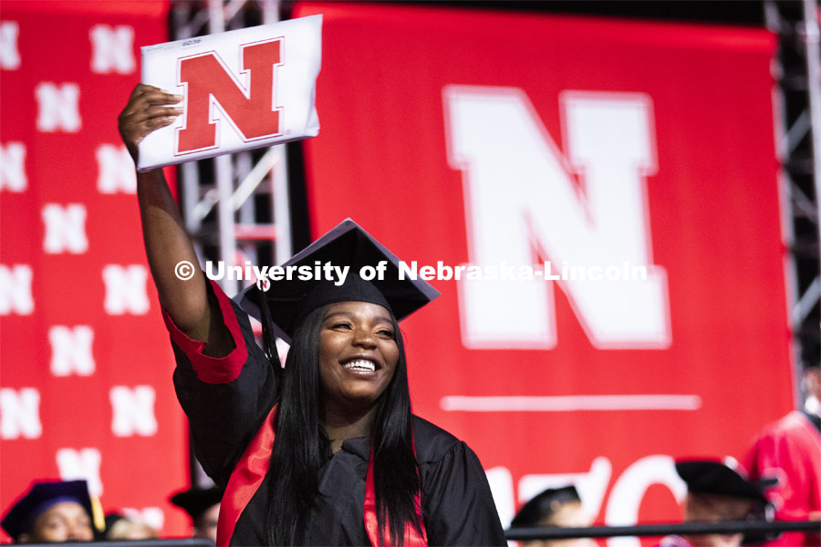 Paska Juma celebrates her arts and sciences degree. 2019 Summer Commencement at Pinnacle Bank Arena. August 17, 2019. Photo by Craig Chandler / University Communication.