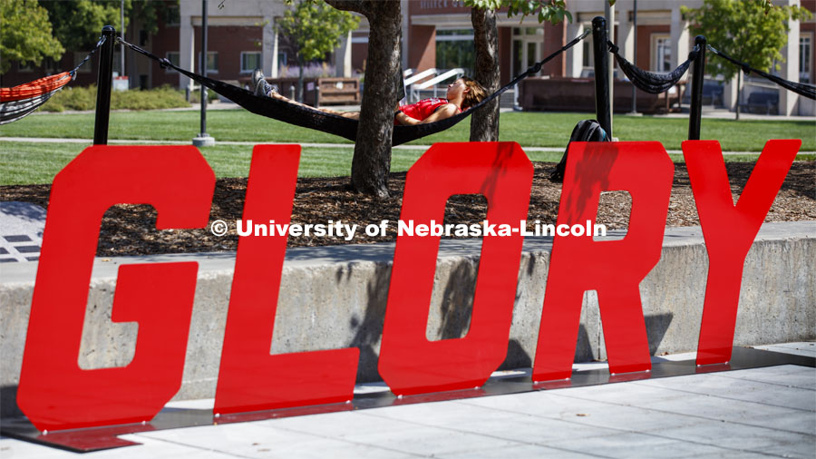 Glory sign out front of the hammocks on city campus. August 19, 2019. Photo by Craig Chandler / University Communication.
