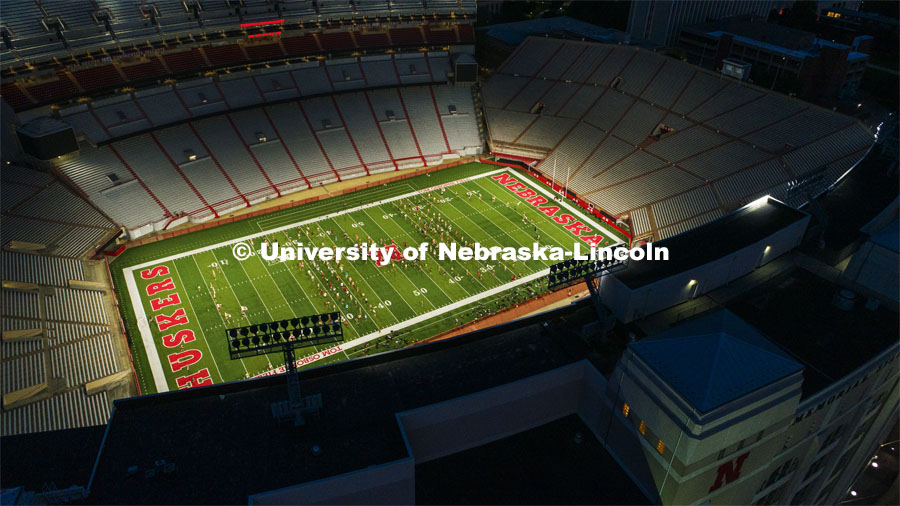 Drone footage of Memorial Stadium at night as the Cornhusker Marching Band practices. August 20, 2019. Photo by Craig Chandler / University Communication.