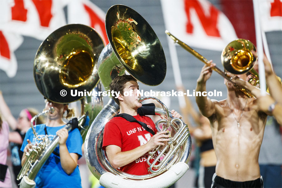 Nick Pavel and the Cornhusker Marching Band goes through their pregame routing during Tuesday evening practice in Memorial Stadium. August 20, 2019. Photo by Craig Chandler / University Communication.