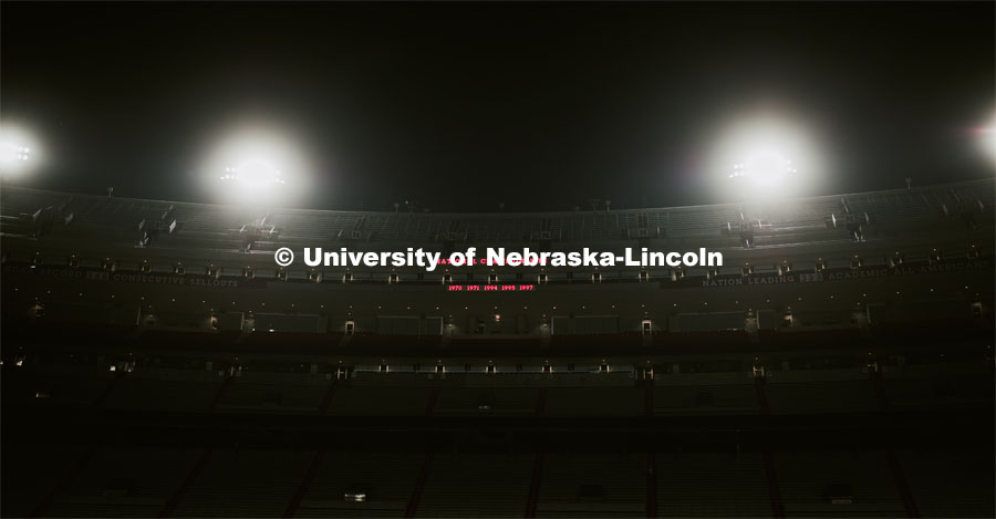 Drone footage of Memorial Stadium at night as the Cornhusker Marching Band practices. August 20, 2019. Photo by Craig Chandler / University Communication.