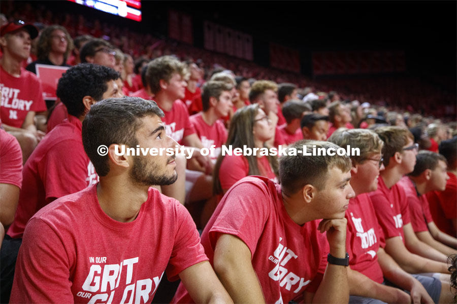 New students decked out in their Husker reds fill the seats in the Bob Devaney Sports Center at New student convocation. August 23, 2019. Photo by Craig Chandler / University Communication.