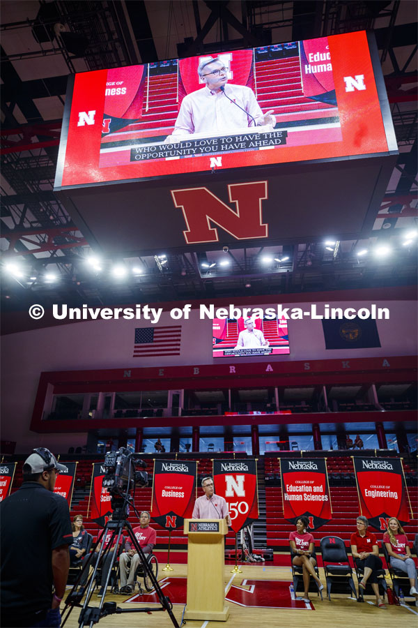 Chancellor Ronnie Green speaks at the New Student Convocation. August 23, 2019. Photo by Craig Chandler / University Communication.