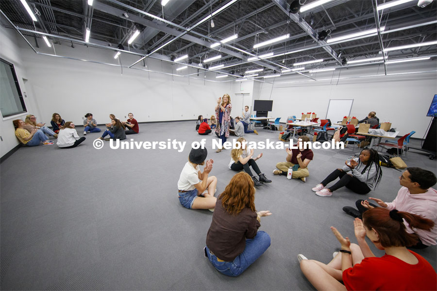 Julie Uribe talks with her EMAR 120 - Games, Play and Performance class on the first day of classes in the new Johnny Carson Center for Emerging Media Arts. August 26, 2019. Photo by Craig Chandler / University Communication.