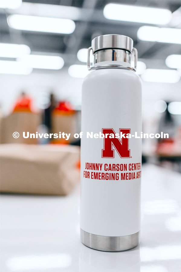 A water bottle with the Carson Center logo on it in the new Johnny Carson Center for Emerging Media Arts. August 26, 2019. Photo by Justin Mohling / University Communication.
