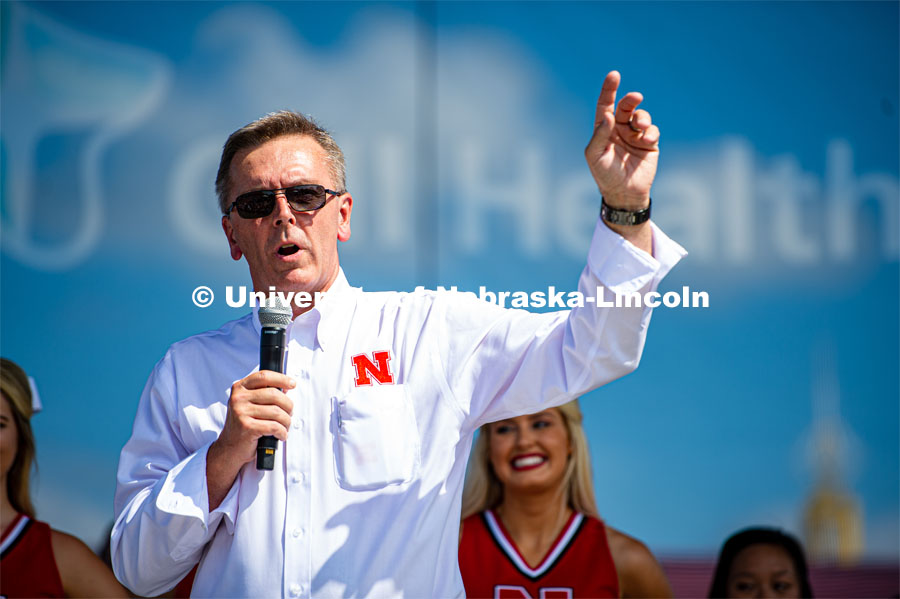Chancellor Ronnie Green addressing the people at the Nebraska State Fair. The University of Nebraska represents and celebrates their 150th year anniversary at the Nebraska State Fair in Grand Island, Nebraska. August 1, 2019. Photo by Justin Mohling for University Communication.