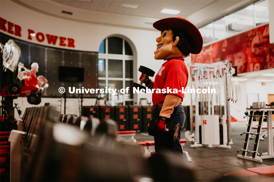 Herbie lifting weights and working out. Herbie Husker photo shoot, pictured throughout Memorial Stadium. September 13, 2019. Photo by Justin Mohling / University Communication.