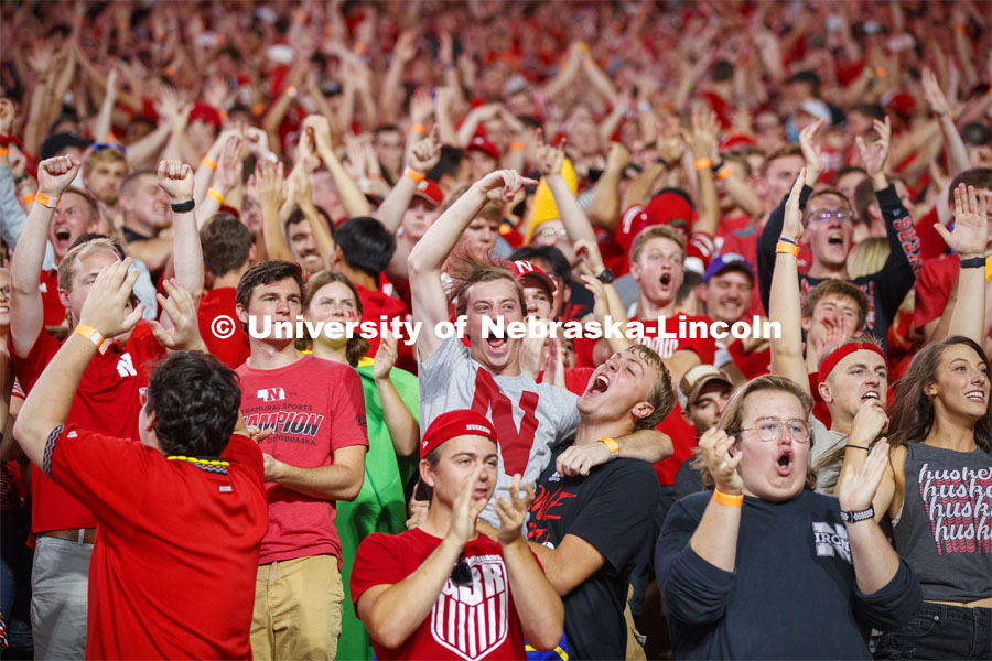 Fans in the student section celebrating during the Nebraska vs. Northern Illinois football game. September 14, 2019. Photo by Craig Chandler / University Communication.