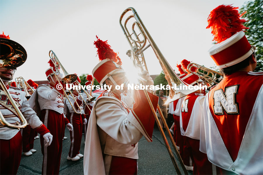 Cornhusker Marching Band trombones singing “band song”. Nebraska vs. Northern Illinois football game. September 14, 2019. Photo by Justin Mohling / University Communication.