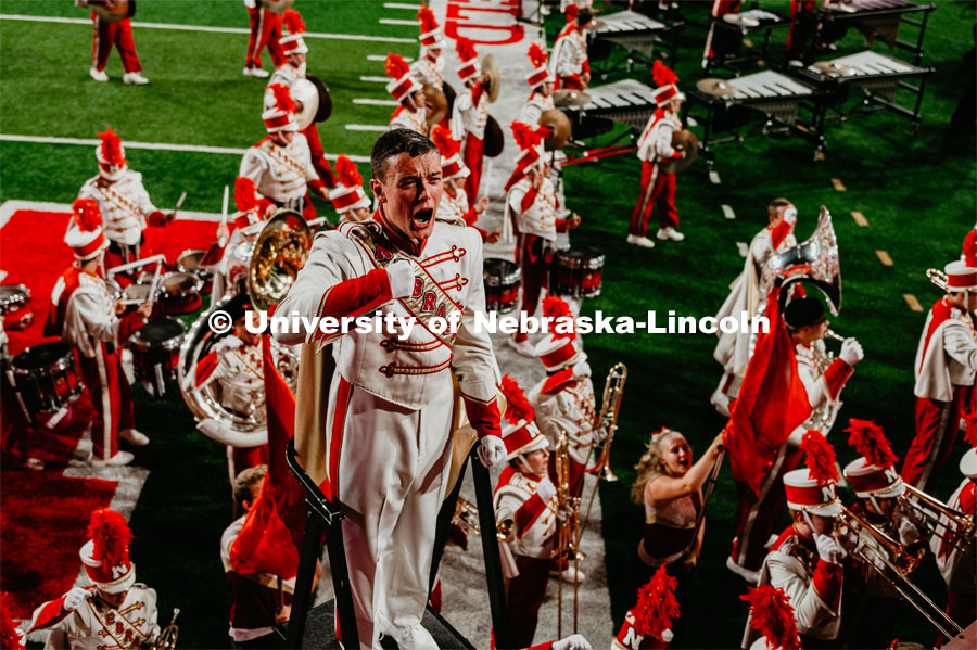 Ethan Millington Chants "Go Big Red" as the band completes their show. Nebraska vs. Northern Illinois football game. September 14, 2019. Photo by Justin Mohling / University Communication.