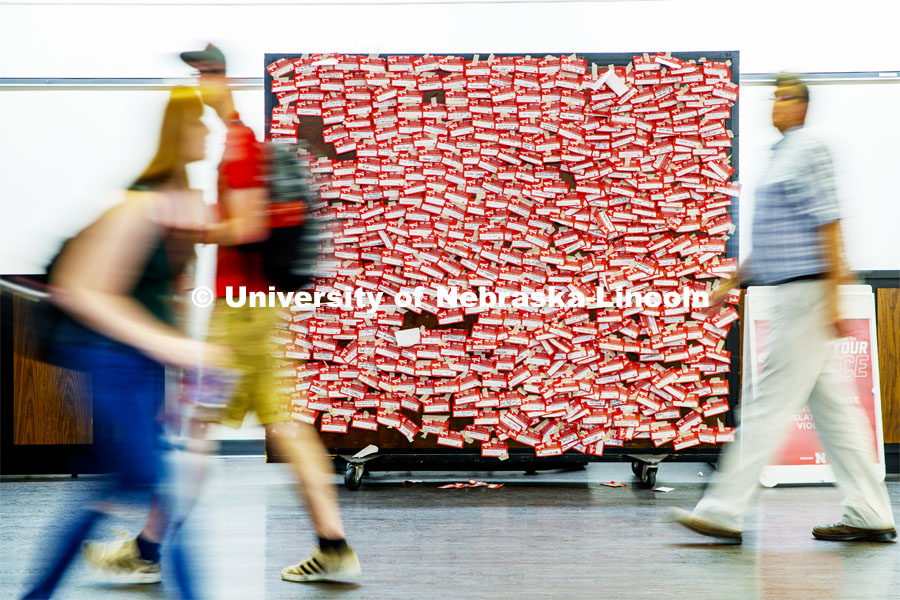 Use Your Voice notes that covered an UNLPD cruiser last week are now on display in the Nebraska Union. September 16, 2019.  Photo by Craig Chandler / University Communication.