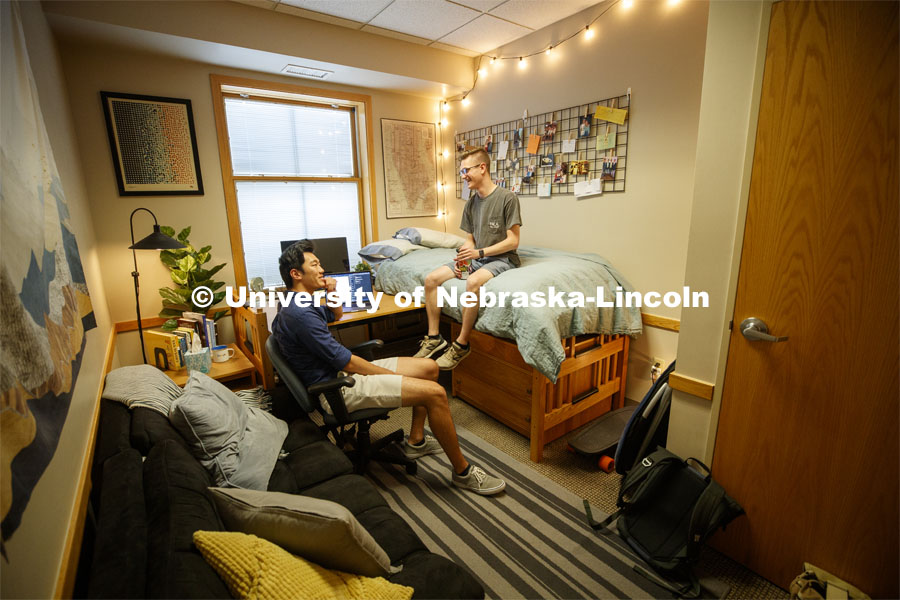 Students hanging out in a Kauffman Academic Residential Center dorm room. Raikes school photo shoot. September 25, 2019. Photo by Craig Chandler / University Communication.