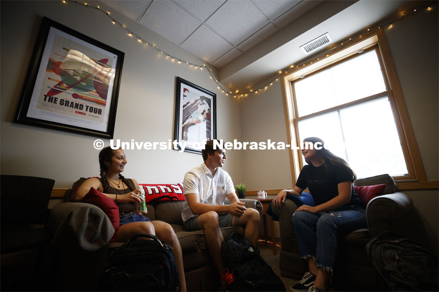 Students hanging out in a Kauffman Academic Residential Center dorm room. Raikes school photo shoot. September 25, 2019. Photo by Craig Chandler / University Communication.