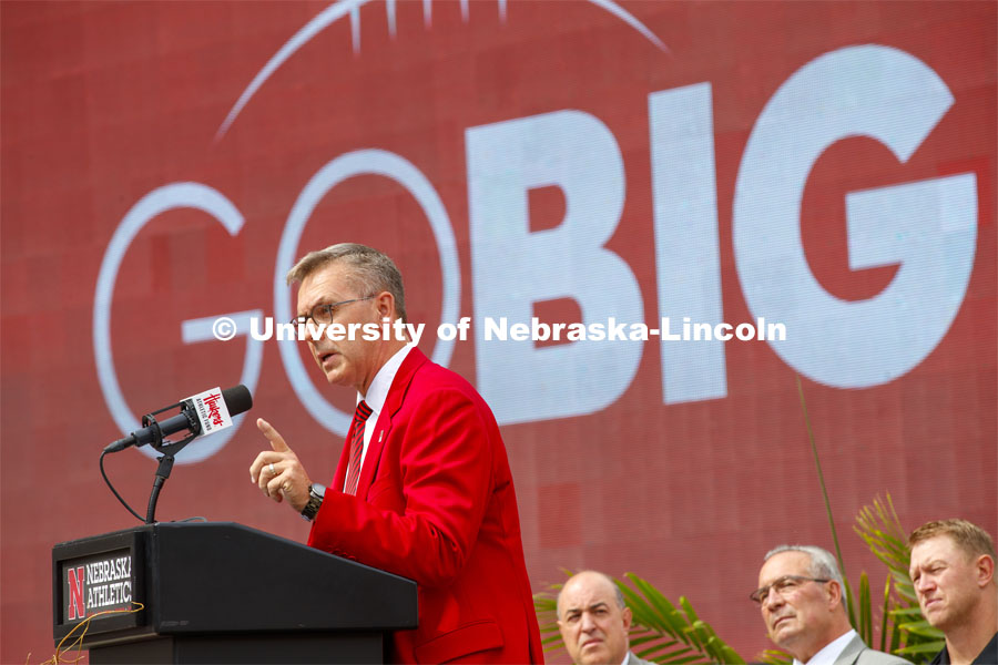 Chancellor Ronnie Green speaks at the news conference announcing a new $150 million athletics facility, and about the investments in football and academics being made at the university. Ceremony for Nebraska is planning a 350,000-square-foot athletics facility will be constructed east and north of Memorial Stadium. Work will begin summer 2020 and be completed in summer 2022. September 27, 2019. Photo by Craig Chandler / University Communication.
