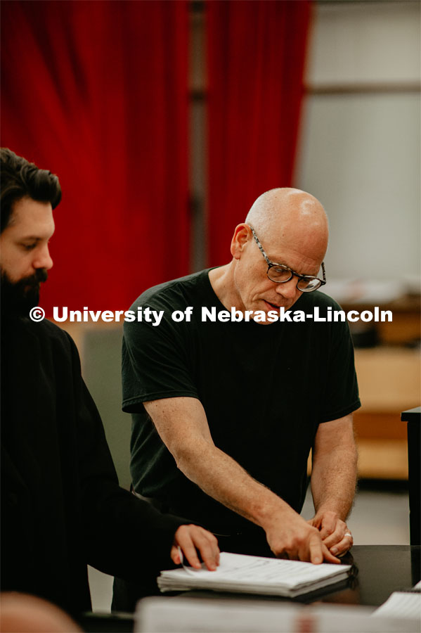 UNL Opera members rehearse Tyler White’s, The Gambler’s Son. UNL Opera will bring the world premiere of The Gambler’s Son to Cozad, Nebraska, October 17, 2019. Pictured: Bill Shomos going over musical score with grad student Patrick McNally. September 27, 2019. Photo by Justin Mohling / University Communication.