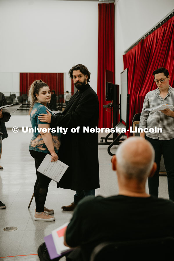 UNL Opera members rehearse Tyler White’s, The Gambler’s Son. UNL Opera will bring the world premiere of The Gambler’s Son to Cozad, Nebraska, October 17, 2019. Students working on the script in front of Professor, Bill Shomos, Director of Opera. September 27, 2019. Photo by Justin Mohling / University Communication.