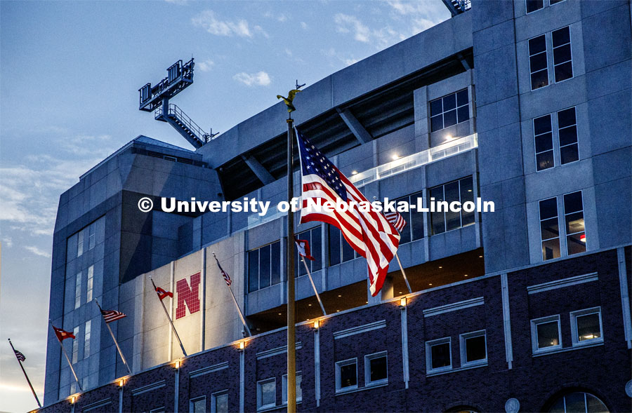 East side of Memorial Stadium at dusk. September 30, 2019. Photo by Craig Chandler / University Communication.