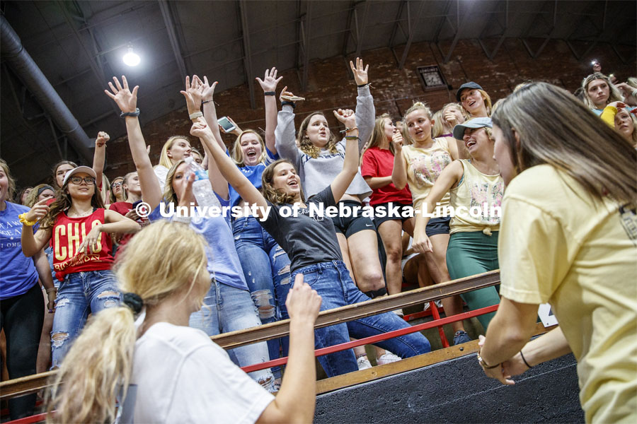 Chi Omega sorority members cheer before the performance. Showtime at the Coliseum performances as part of Homecoming week. September 30, 2019. Photo by Craig Chandler / University Communication.