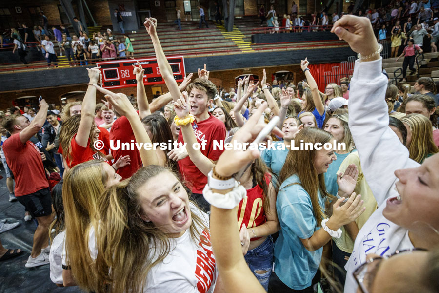 Triad 8--Sigma Chi, Chi Omega, Alpha Chi Omega, Alpha Gamma Sigma, Lambda Phi Epsilon--celebrates their winning on the Coliseum floor surrounded by fans.  Showtime at the Coliseum performances as part of Homecoming week. September 30, 2019. Photo by Craig Chandler / University Communication.