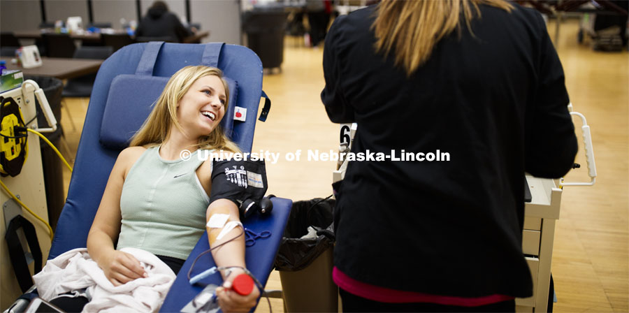 Nataleagh Sitorius donates blood at the ASUN blood drive. Bleed Husker Red: Global Blood Drive at the Nebraska Union, Centennial Room. October 2, 2019. Photo by Craig Chandler / University Communication.