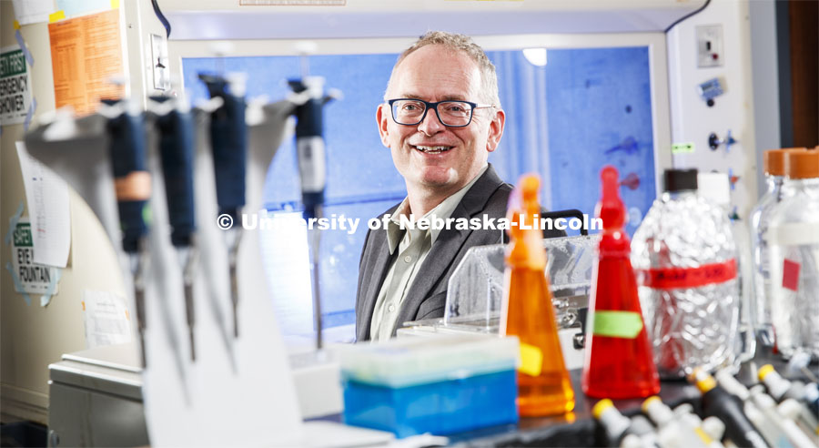 Janos Zempleni is leader of the Nebraska Center for the Prevention of Obesity Diseases. The research center recently received an $11 million extension grant from the National Institutes of Health to continue five more years of research. Janos is pictured in his lab. October 3, 2019. Photo by Craig Chandler / University Communication.