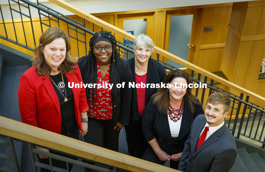 College of Law Admissions office. (Left to right) Tracy Warren, Kathurima Joy, Rebecca Colberg, Melissa McCoy, Kardell Kyle. October 10, 2019. Photo by Craig Chandler / University Communication.