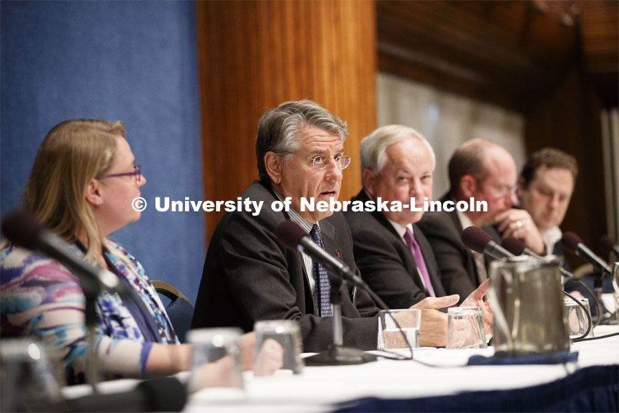 Frans von Der Dunk, Nebraska Law professor, talks during a panel on the Woomera Namual for military activities in outer space. Global Perspectives on Space Law and Policy conference in Washington D.C. October 18, 2019. 12th Annual University of Nebraska D.C. Space Law Conference. Space, Cyber and Telecommunications Law program. Photo by Craig Chandler / University Communication.