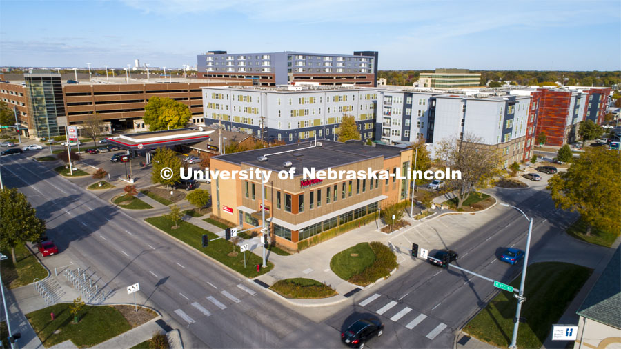 Exterior, high angle view of the Nebraska University Federal Credit Union located on 1720 P Street in Lincoln, Nebraska. October 24, 2019. Photo by Craig Chandler / University Communication.