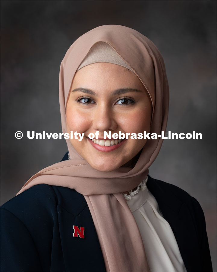 Studio portrait of Mahaa Albusharif, 2019 McNair Scholar. October 31, 2019. Photo by Greg Nathan / University Communication.