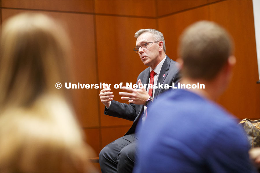 Chancellor Ronnie Green talks with the Chancellor's Leadership class Thursday. October 31, 2019. Photo by Craig Chandler / University Communication.